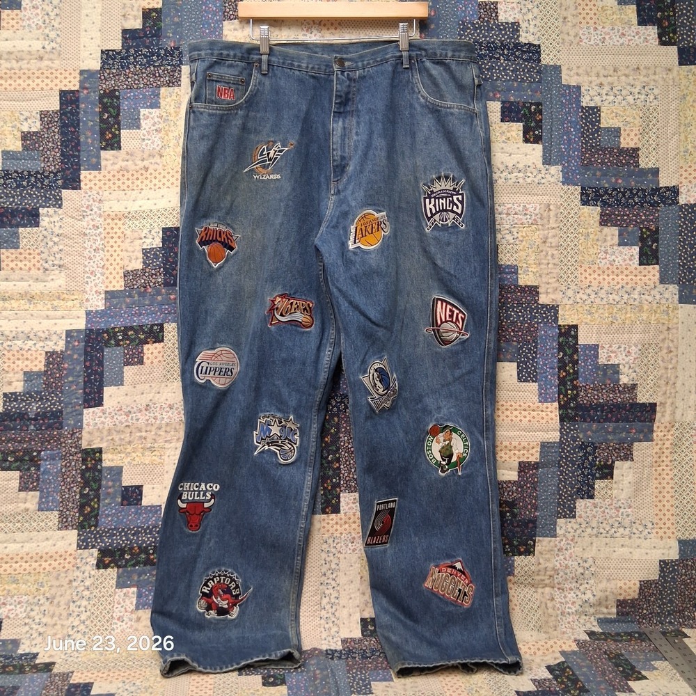 UNK NBA Embroidered Team Logo All Over Denim Jeans Size 42x34